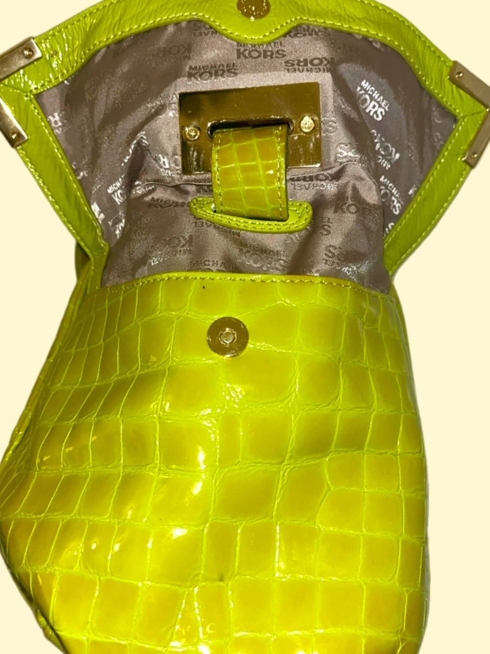 Michael Michael Kors Lime Green Patent Croc Embossed Multi Pocket Shoulder Tote - Picture 5 of 8